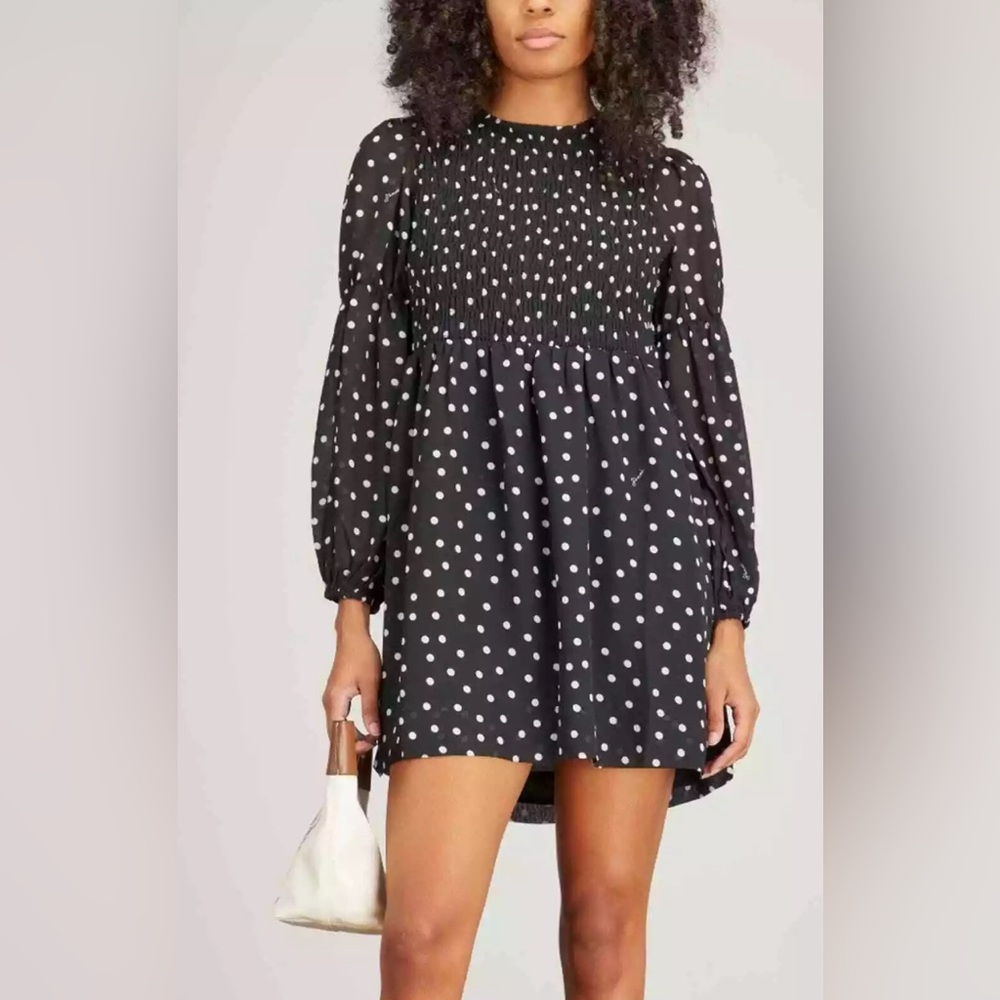 Ganni Dress 4 Mini Smocked Crepe Lined 36 Polka Dot Black White NEW